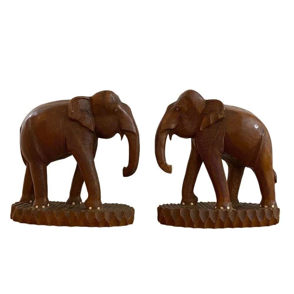 Vintage Teak Wood Hand Carved Elephants - Sculpures Bookends